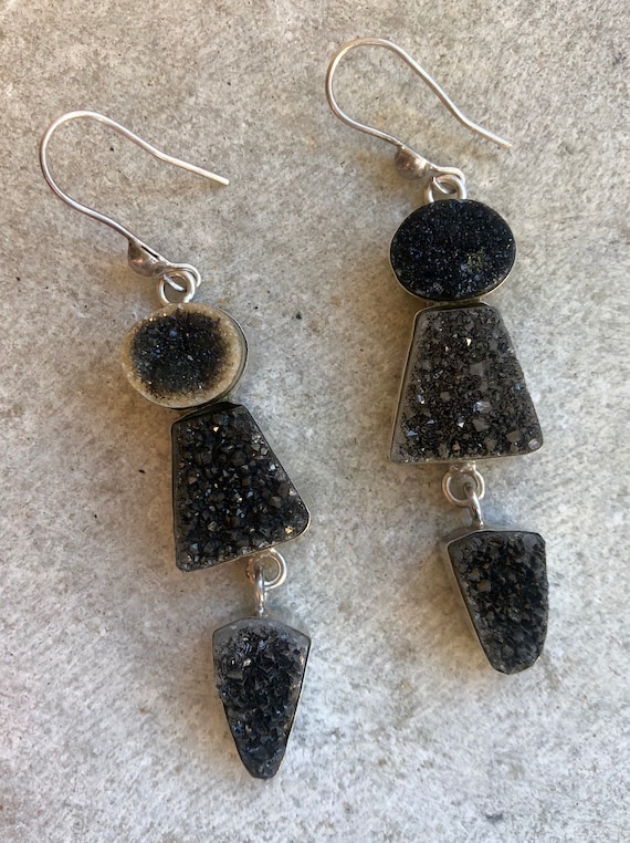 Beautiful Black Druzy Crystal Sterling Silver Vin… - image 1