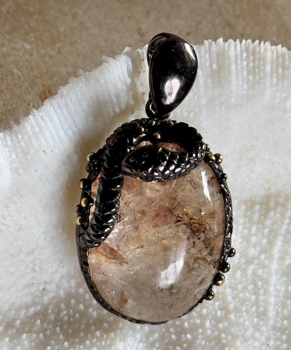 Beautiful Sterling Silver Gold Snake Ghost Quartz Necklace Pendant