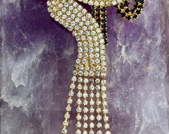 Czech Art Deco Crystal Brooch – Prong Set Black & Clear Glass – Romantic Dancing Couple Pin