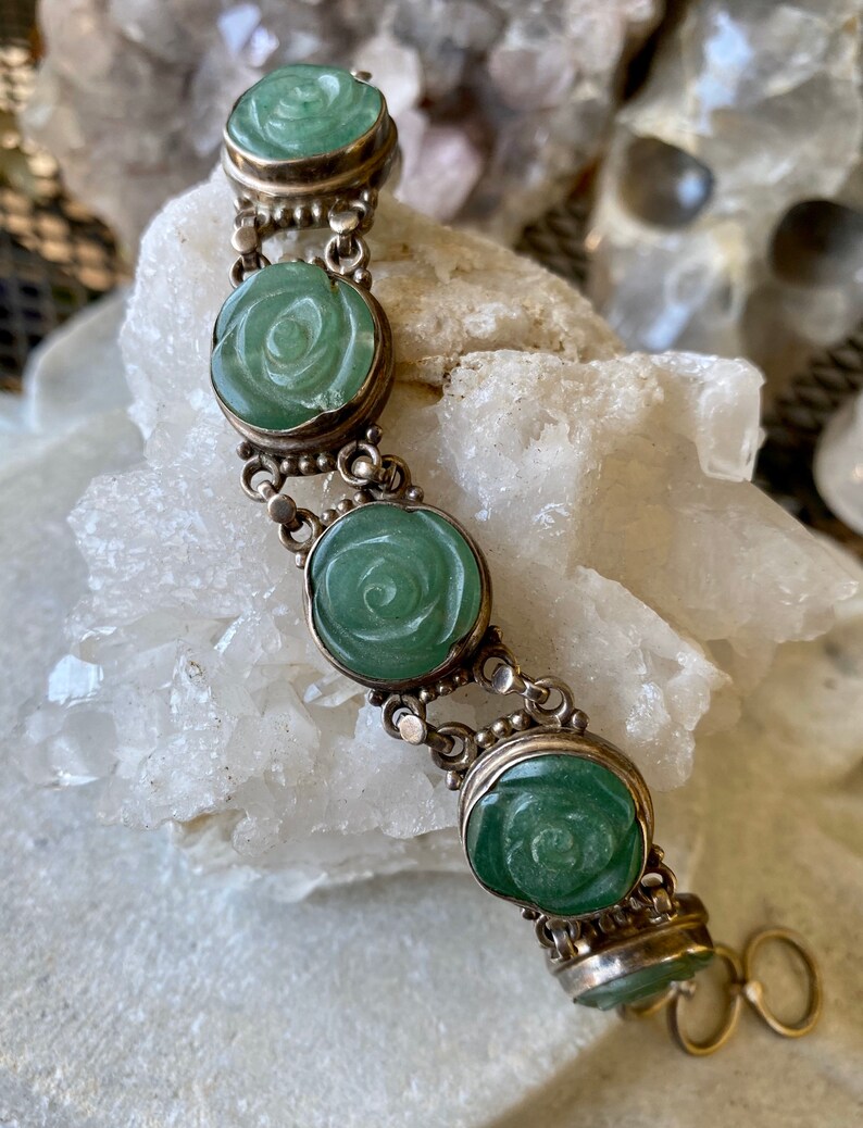 Carved Stone Flower Rose Sterling Silver Vintage Link Bracelet