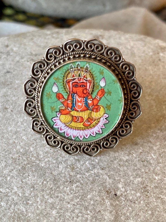 Beautiful Ganesh Cameo Miniture Painting Sterling Silver Vintage Ring