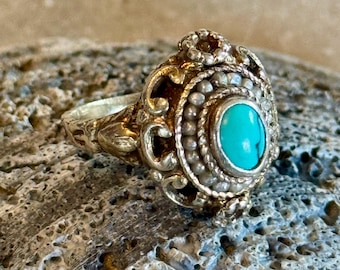 Bague florale antique austro-hongroise, or, argent sterling, turquoise et perle
