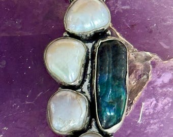 Natural Baroque Pearl Sterling Silver Pendant – Black White Rainbow Luster Freeform Vintage Statement