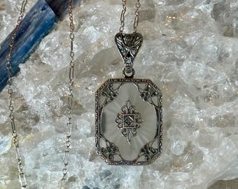 Beautiful Art Deco Filigree Sterling Silver Rock Crystal Antique Necklace