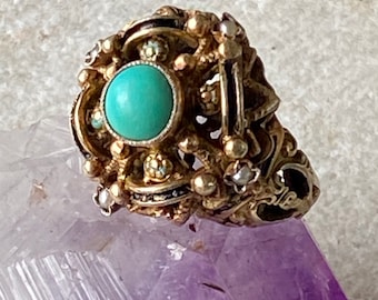 Bague austro-hongroise, argent sterling doré, turquoise et perle vintage – Taille 7