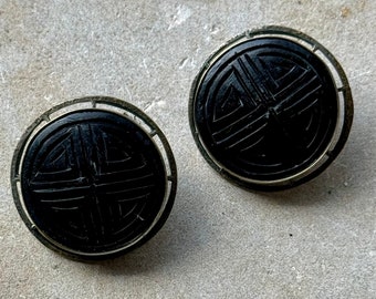 Carved Shou Bead Black Cinibar Vintage Clip on Earrings