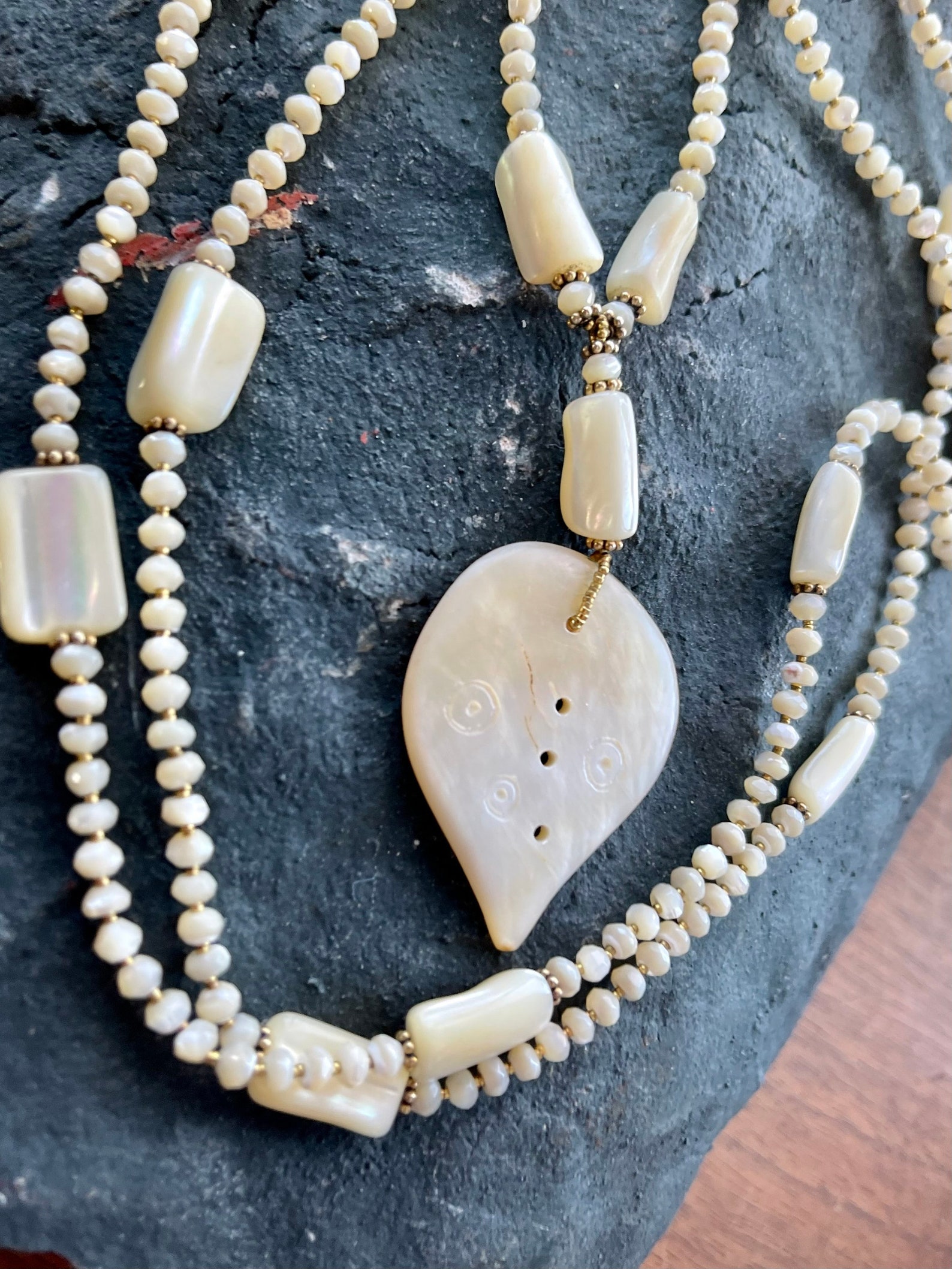 Elegant Carved Mother of Pearl Gold Sterling Silver Long Vintage ...