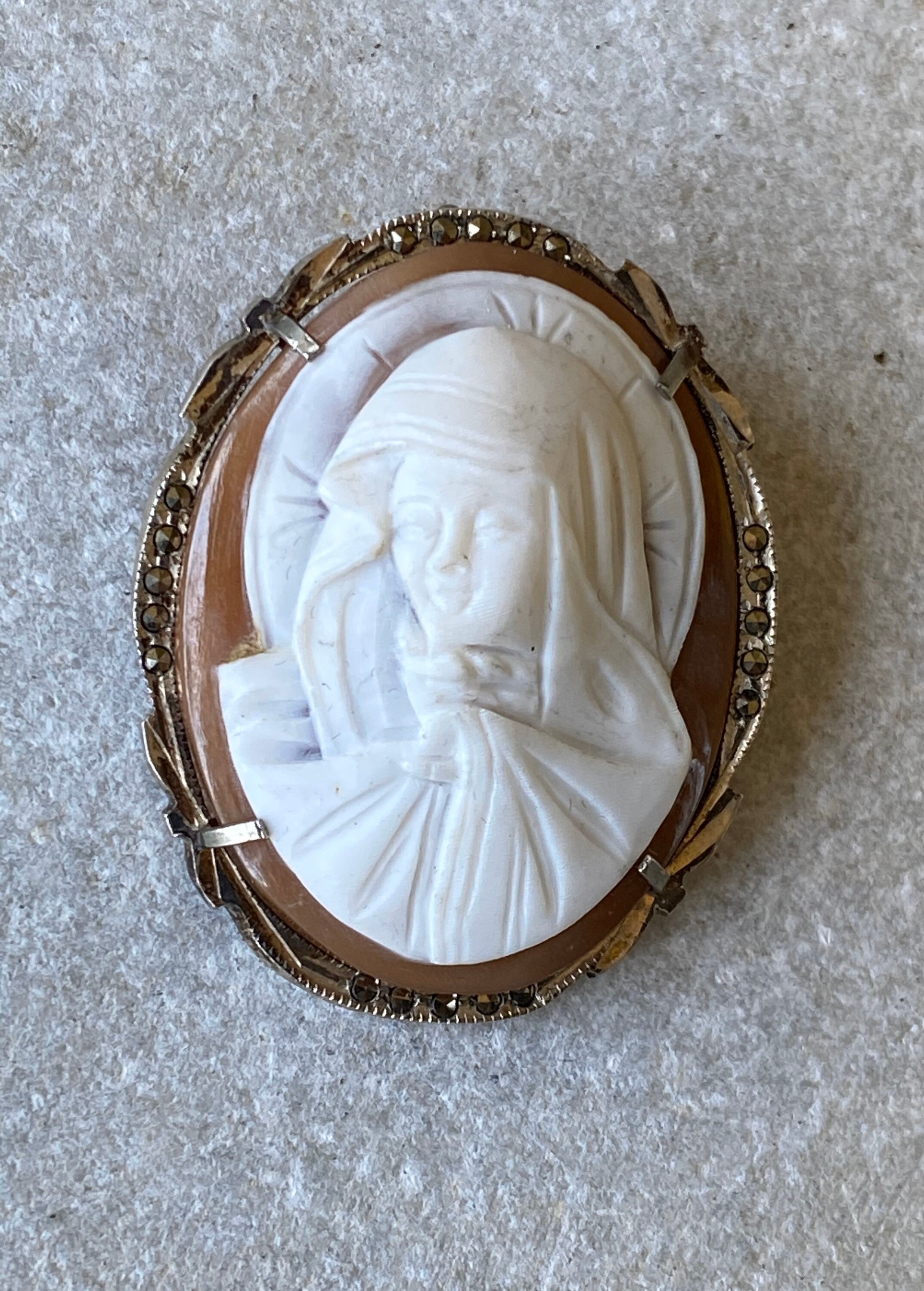 Art Deco Carved Shell Cameo Madonna Mother Mary Sterling Silver ...