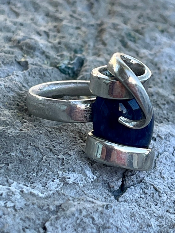 Brutalist Sterling Silver Deep blue Lapis Vintage… - image 3