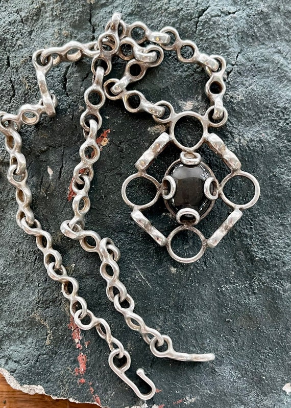 Mid Century Brutalist Sterling Silver Black Agate… - image 2