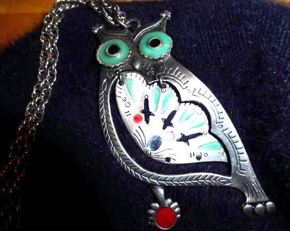 Sweet Retro Designer Celebrity Silver Enamel Vintage Owl Necklace