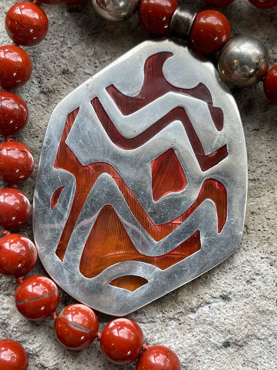 Chunky Hand Knotted Red Jasper Carnilian Sterling… - image 6