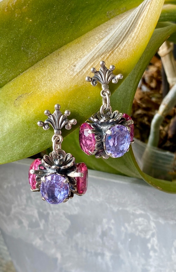 Beautiful Faceted Pink and Purple Stone Cini Sterling Silver Flor Da Lee Flower  Vintage Antique  Earrings