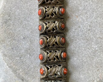 Beautiful Old Chinese Art Nouveau Coral Silver Gilt Vintage Antique Bracelet