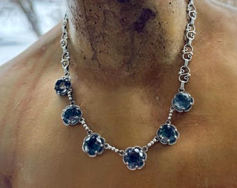 Art Deco Mexican Sterling Silver Bib Necklace – Pale Blue Gemstone Festoon Necklace – Antique Vintage Statement Jewelry for Her