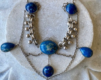 Stunning Victorian Filigree Sterling Silver Natural Blue Sodalite Bookchain Festoon Bib Antique Necklace Victorian Jewelry