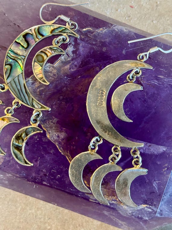 Sterling Silver Rainbow Abalone Shell Multi Cresc… - image 4