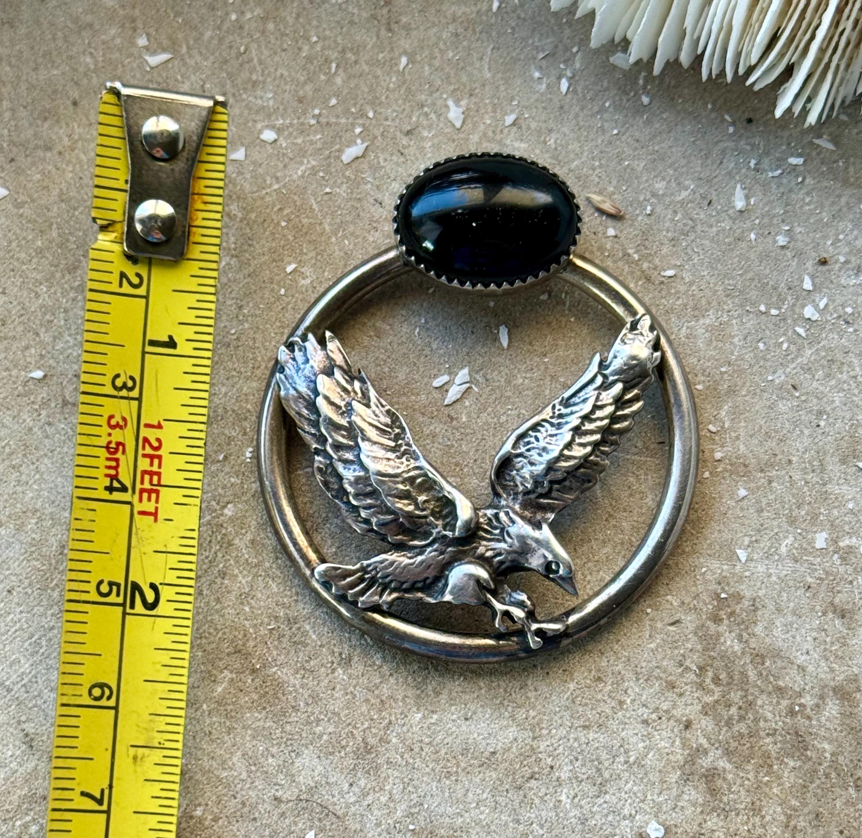 Sterling Silver Eagle Black Onyx Vintage Neklace Pendant Madalion