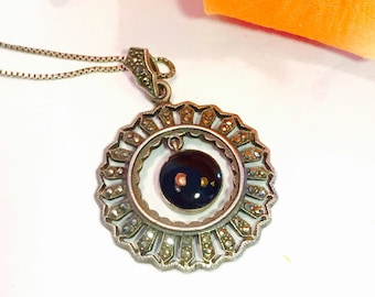 Art Deco Sterling Silver Black Onyx Marcasite Circle Pendant Vintage Necklace Art Deco Jewelry