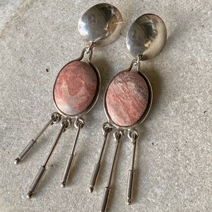 Beautiful Mexican Modernist Sterling Silver Pink Rhodonite Vintage Earrings