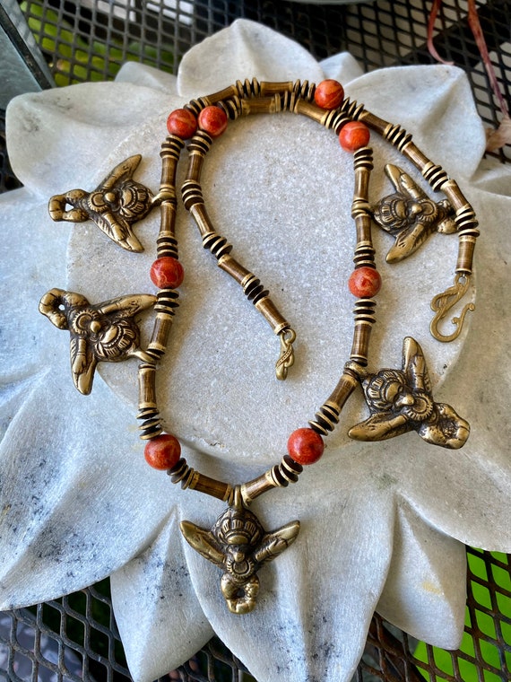 Bold Antique Brass Bead Garuda Red Sponge Coral  … - image 5