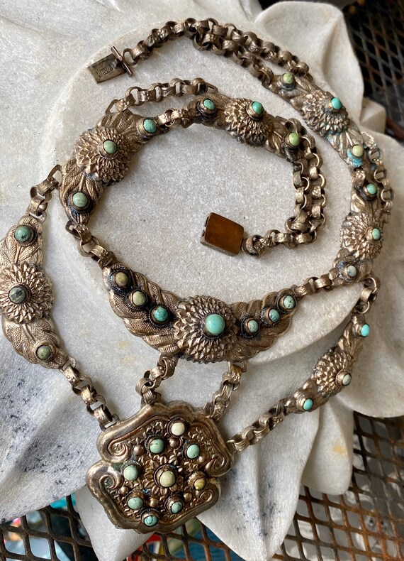 Art Nouveau Old Chinese Chinese Turquoise Silver … - image 9