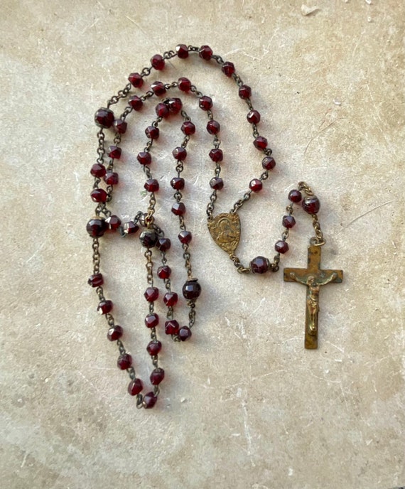 Victorian Hand Faceted Garnet Brass Antique Rosary