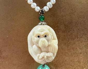 Vintage Signed Carved Bone Monkey netsuke  Necklace  Freshwater Pearl Green Jade  Gold Gilt Sterling Silver Asian Figural Pendant