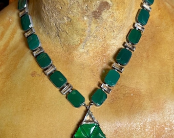 Antique Art Deco Sterling Silver Chrysoprase & Rock Crystal Necklace | 1920s Open Back Gemstone Pendant Necklace