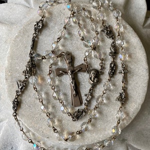 Beautiful Ornate Italian  Sterling Silver Holy Rosary Ab Crystal Vintage Prayer Rosary Necklace