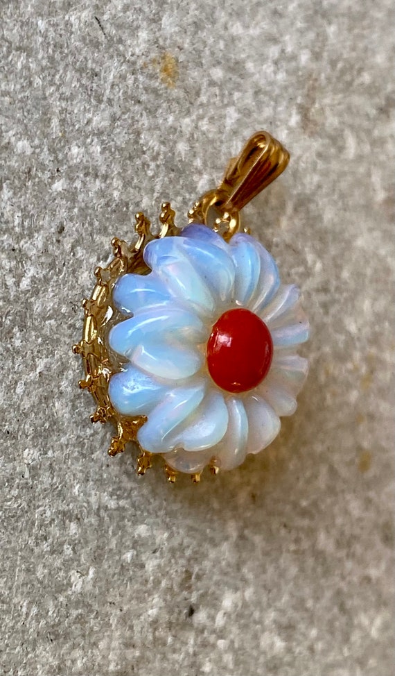 Elegant Carved Rainbow Opal Red Coral Flower Gold… - image 2