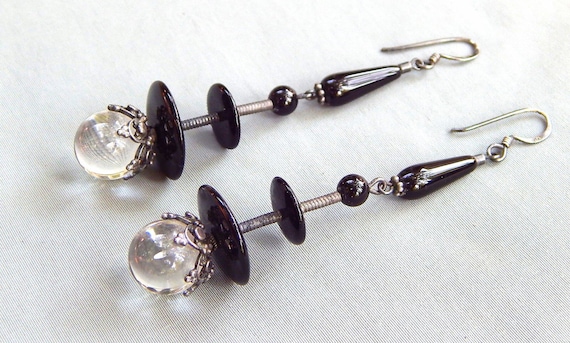 Victorian Art Nouveau Black Onyx Rock Crystal Pools of Light Orb Silver Vintage Antique Long Earrings