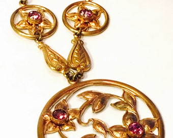 Beautiful Art Nouveau Goldfill Purple Stone Flower Vintage Antique Necklace