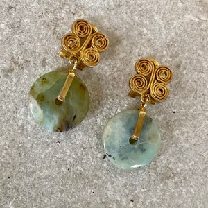 Beautiful Art Deco Chinese Gold Gilt Silver Jadeite Disc Vintage Clip Earrings image 3