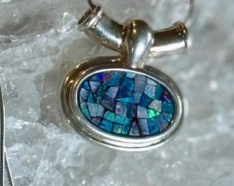 Natural Opal Chip Mosaic Sterling Silver Vintage Necklace Pendant