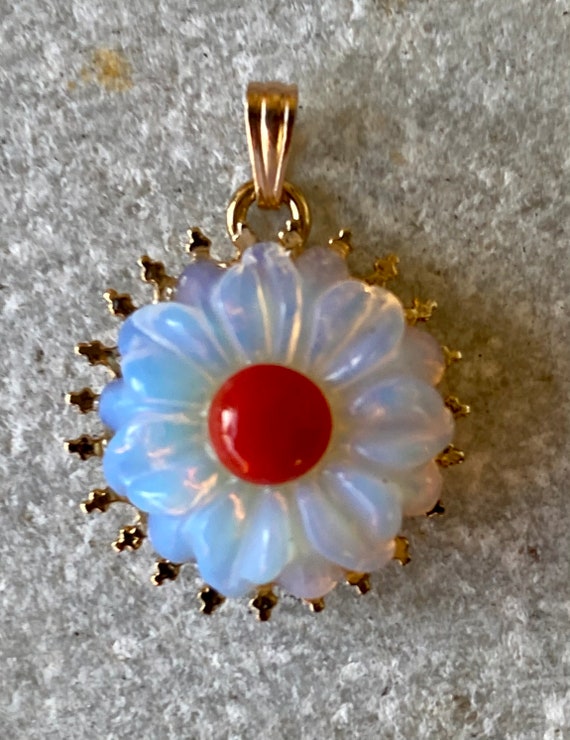 Elegant Carved Rainbow Opal Red Coral Flower Gold… - image 8