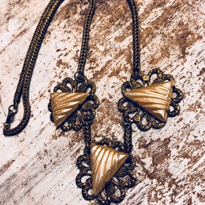 Circa 1920s Art Deco Brass Cream Lucite Shell Vintage Necklace Art Deco Jewelry