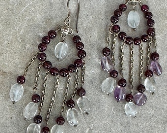 Vintage Artisan Sterling Silver Garnet  Amethyst & Rock Crystal Chandelier Earrings | Handcrafted Boho Statement Earrings