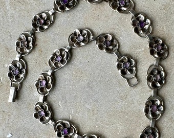 Danish mid century sterling silver amethyst  floral link vintage necklace