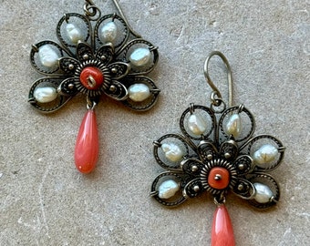 Victorian Silver Natural Red Coral Pearl Filigree Antique Chandelier Earrings