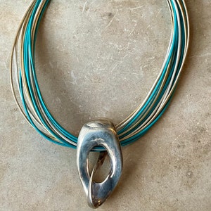 Modernist Sculpted Sterling Silver Multi Strand Leather Vintage Bib Necklace Wearable Art