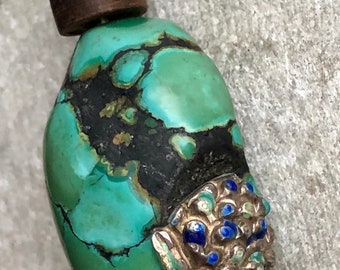 Beautiful Old Chinese Tibetan Turquoise Sterling Silver Enamel Vintage Antique Pendant