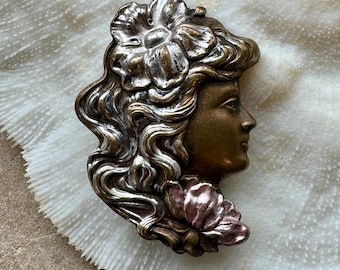 Beautiful Art Nouveau Brass Repruse Woman with Flower Vintage Brooch