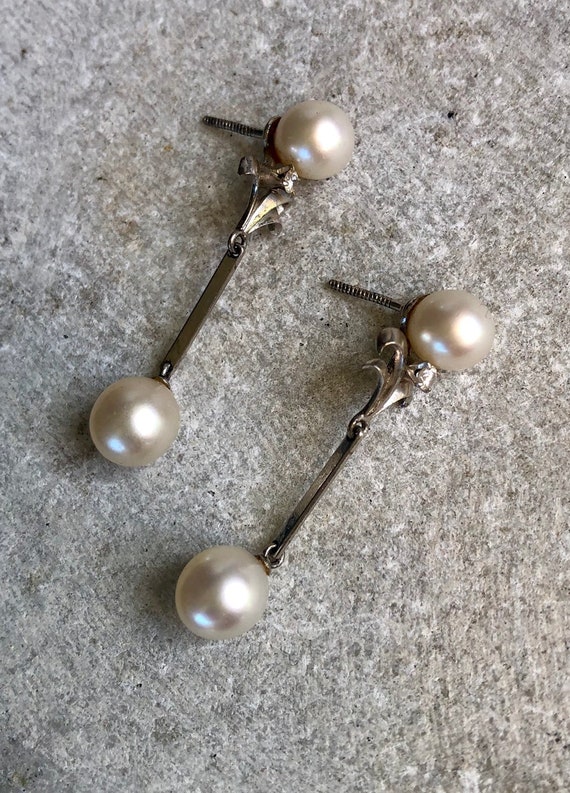 14kt White Gold Pearl Drop Diamond Long Vintage E… - image 6