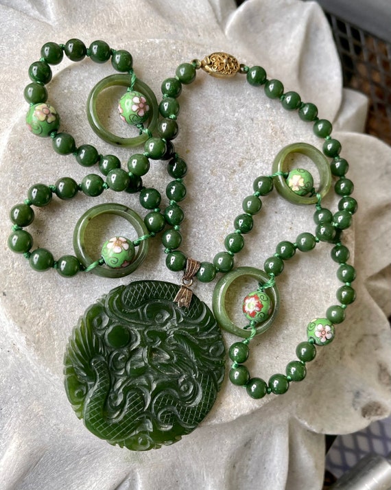 Stunning Carved Green Jade Dragon Cloisonne Long … - image 5