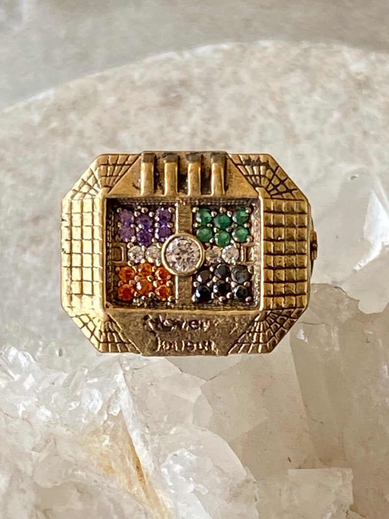 Bold Beautiful Jerusalem Multi Color Topaz Gemstone Brass Sterling Silver Vintage Ring
