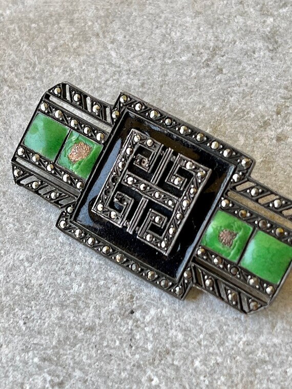Authentic Art Deco Sterling Silver Green and Blac… - image 3