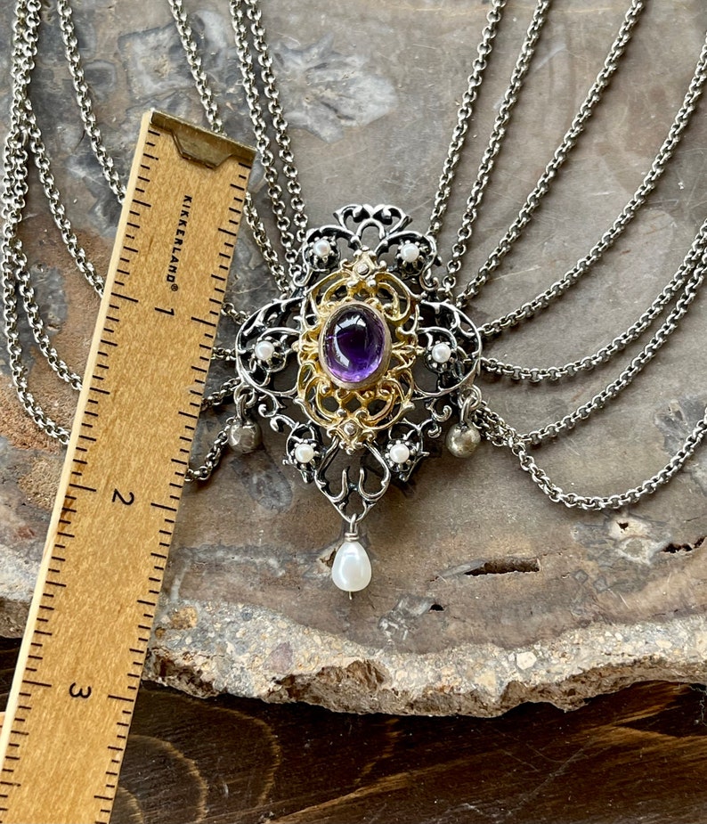 Beautiful Art Nouveau Austro Hungarian Amethyst Pearl Gold Sterling Silver Vintage Bib Antique Festoon Necklace image 6