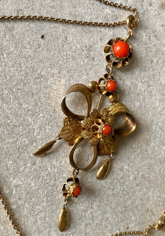 Beautiful Victorian Gold Gilt Red Coral Bow Antiq… - image 3