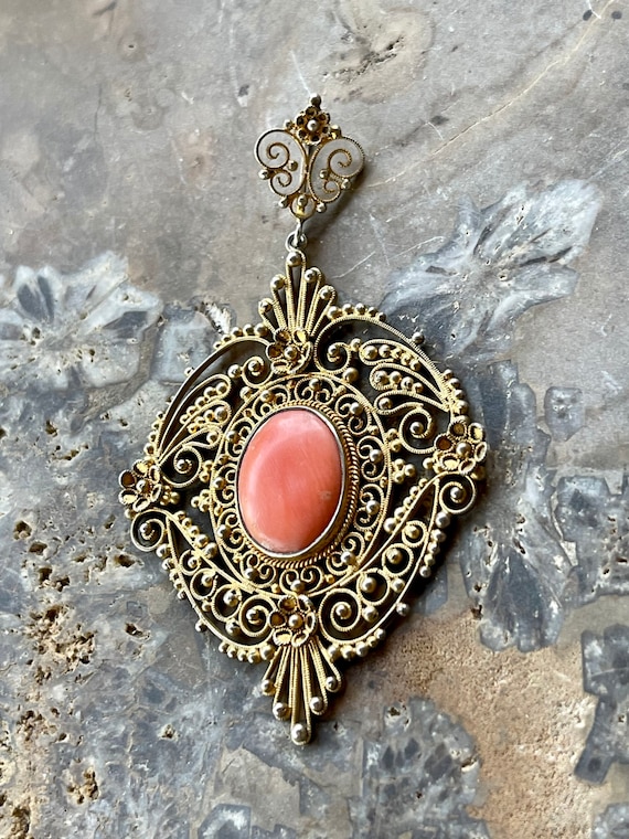 Beautiful Italian Gold Gilt Filigree Coral Vintag… - image 5